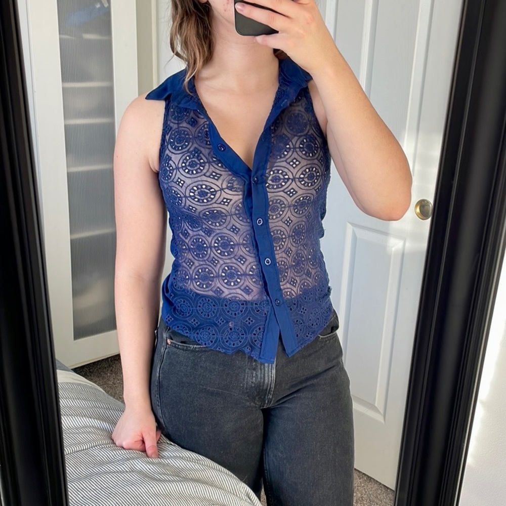 Urban Outfitters Dark Blue Eyelet Embroidered Sheer Sleeveless Tank Top